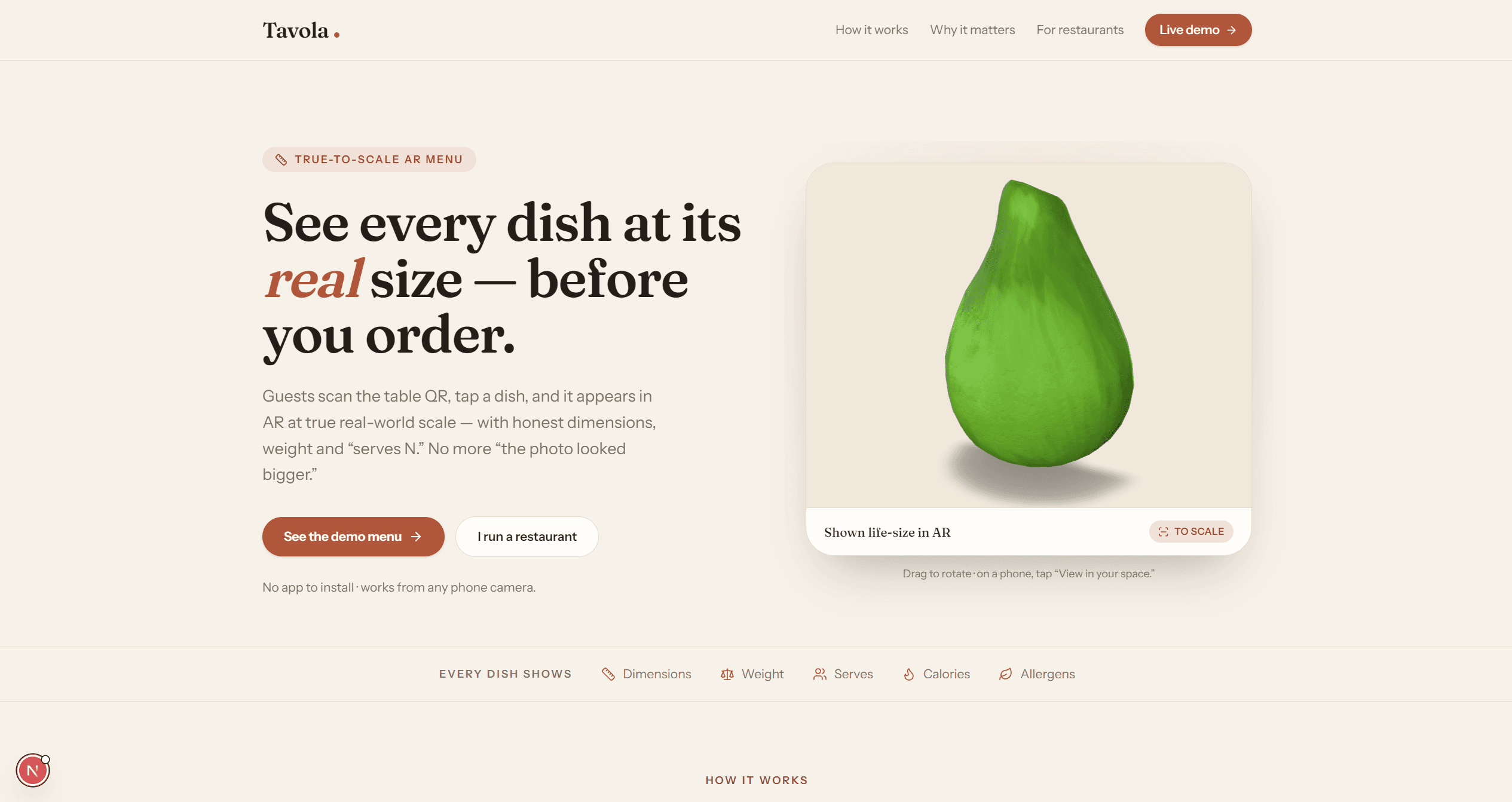 The Tavola menu and dish viewer